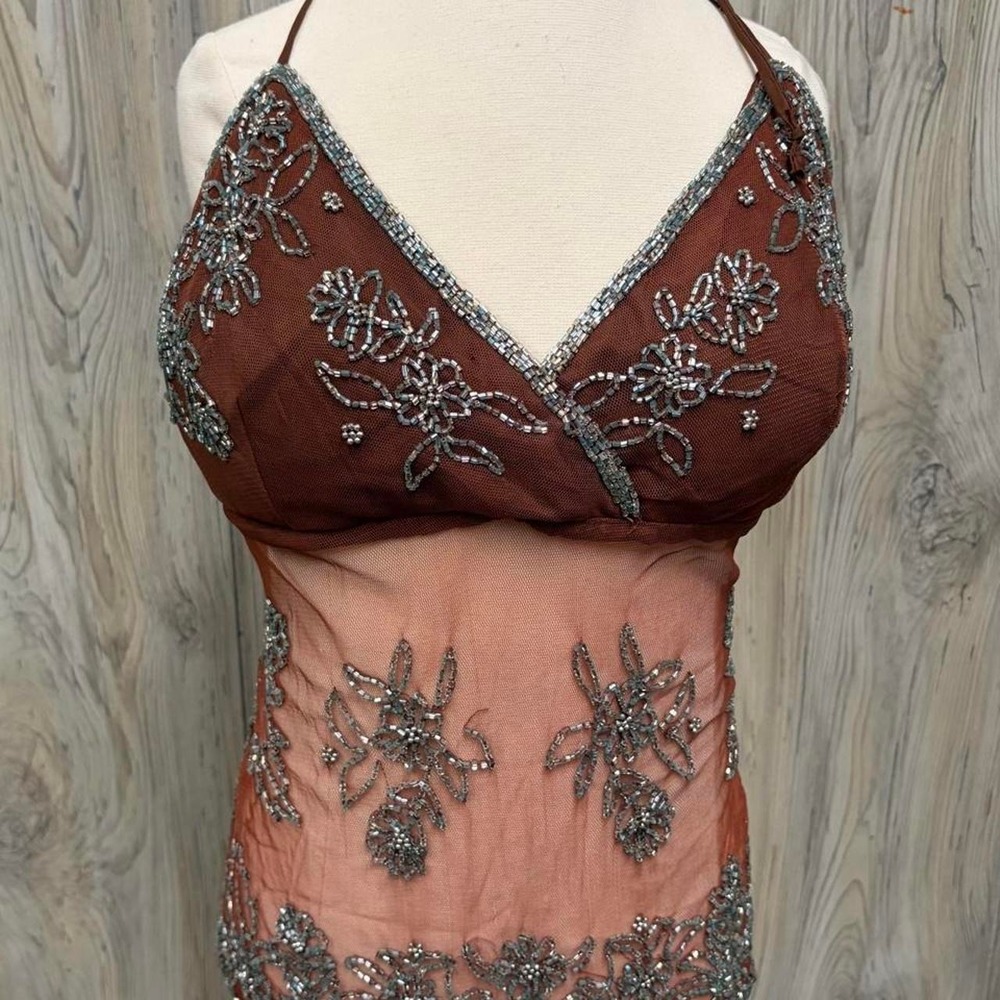 Vintage Y2K Lipstick Brown Mesh Beaded Halter Top Floral Fairycore Hand Beaded
